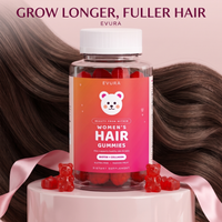 EVURA Women's Hair Growth Gummies jar on a pink pedestal with Grow Longer, Fuller Hair headline
