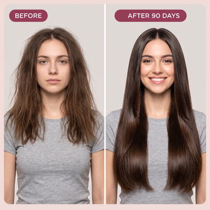 Before and after comparison: frizzy shoulder-length hair, then long glossy hair after 90 days
