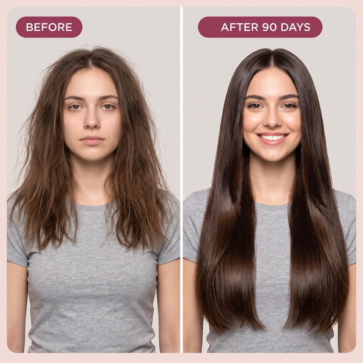 Before and after comparison: frizzy shoulder-length hair, then long glossy hair after 90 days