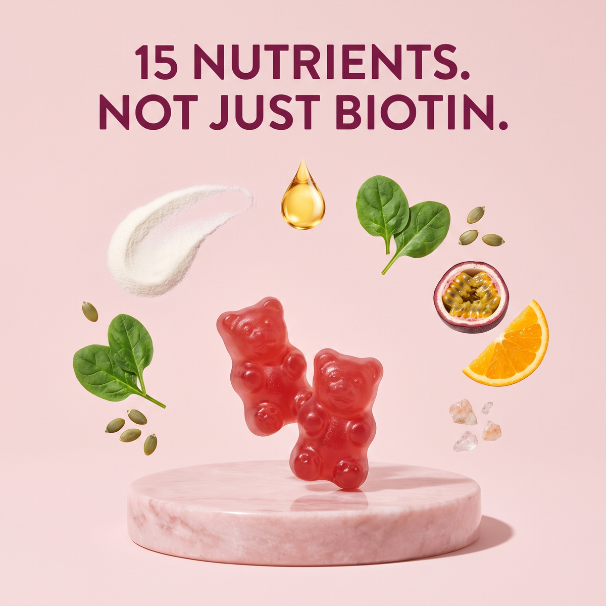 15 nutrients, not just biotin: EVURA gummies surrounded by collagen, spinach, passion fruit, orange and seeds