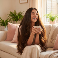 Woman in her twenties with long, glossy, healthy hair laughing on a sofa