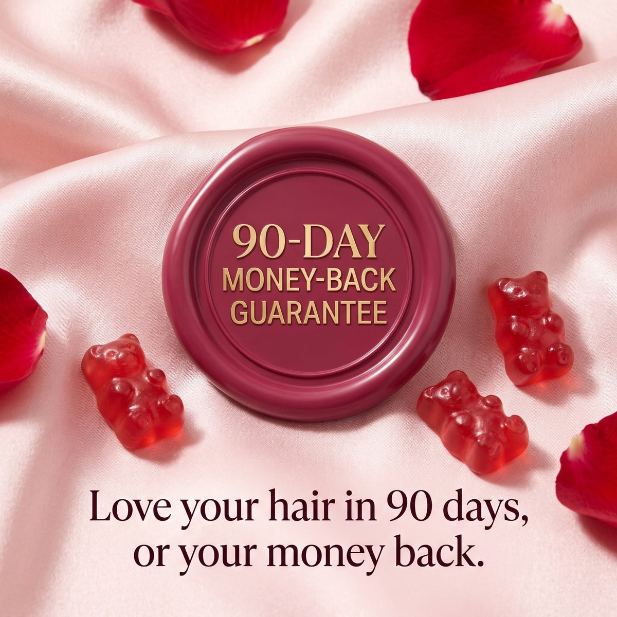 90-day money-back guarantee seal with red gummy bears on pink silk