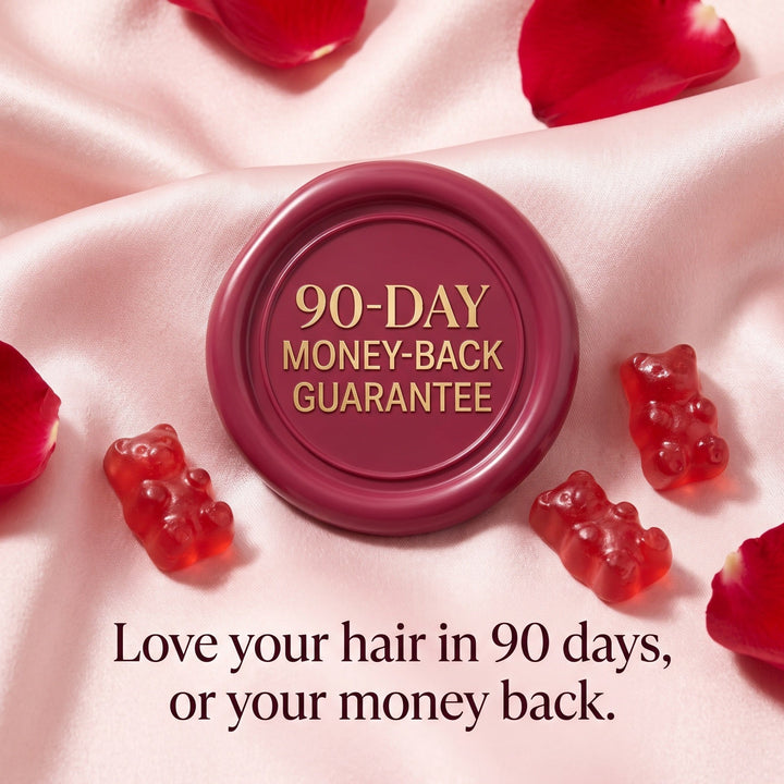 90-day money-back guarantee seal with red gummy bears on pink silk