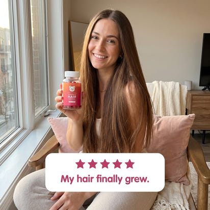 Happy customer holding EVURA jar with five-star review: My hair finally grew