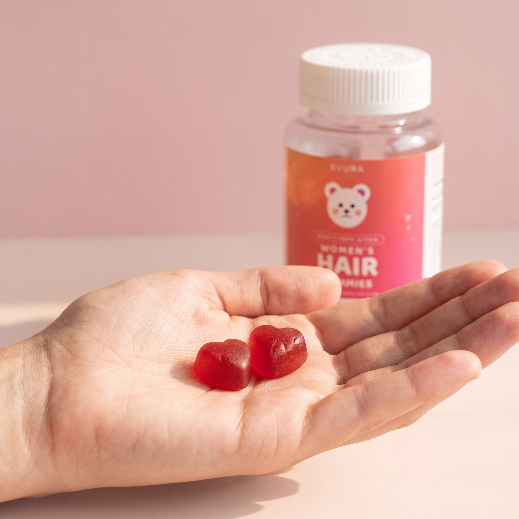 Two gummies in an open palm