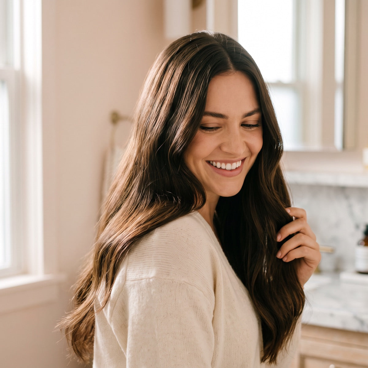 Woman in her twenties smiling at her long, healthy hair after 90 days